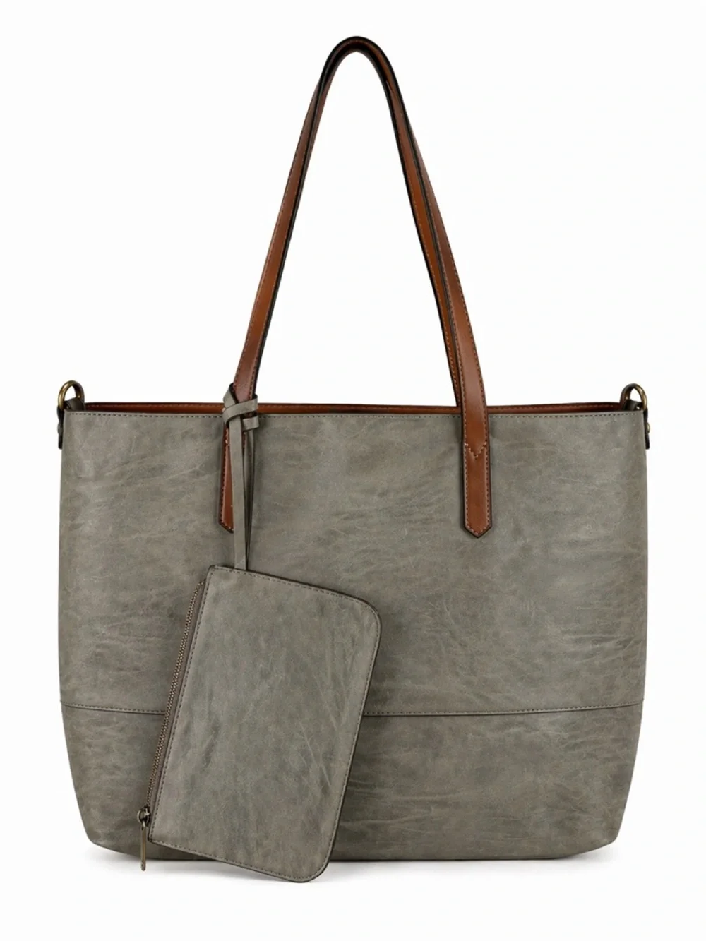 Gray Vegan Leather Tote Bag Large Shoulder Bag w/ Pouch Minimalist Everyday